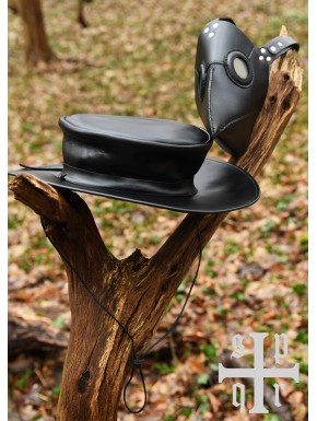 Ensemble en cuir noir de masque et chapeau Plague Doctor