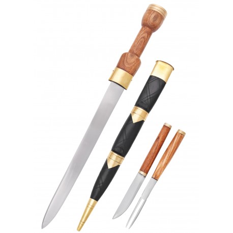 Dague écossaise avec fourchette, couteau et étui en cuir.