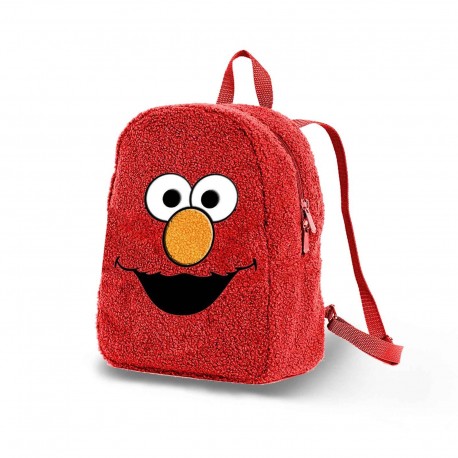 Sac à dos en peluche rouge avec visage d'Elmo.