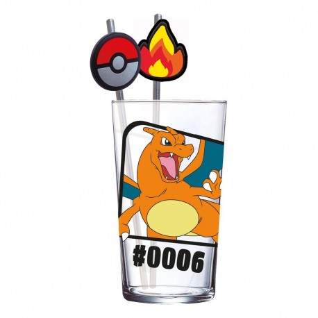 Verre tumbler Pokémon avec Glurak et pailles métalliques