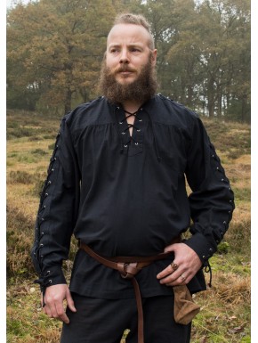 Chemise médiévale noire avec laçage sur manches et encolure