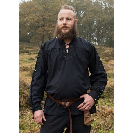 Chemise médiévale noire avec laçage sur manches et encolure