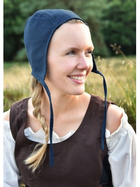 Coiffe médiévale en coton bleu avec liens