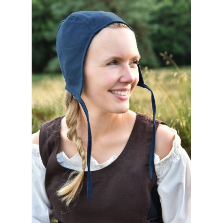 Coiffe médiévale en coton bleu avec liens