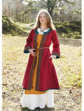 Abrigo vikingo bordado rojo vino y azul petróleo