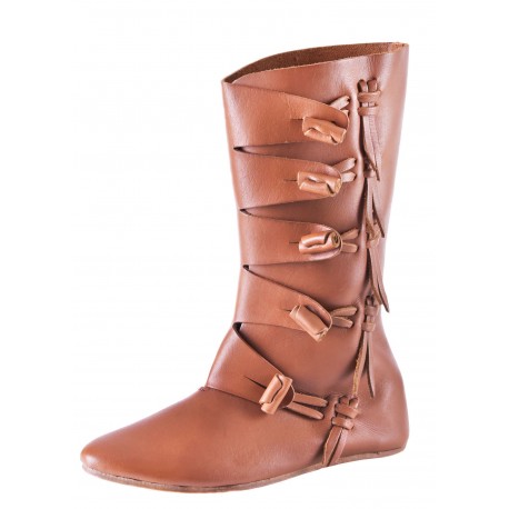 Bottes vikings médiévales en cuir marron avec fermoirs