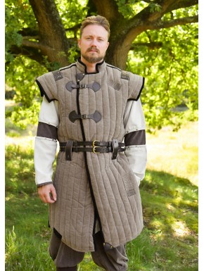 Gambison médiéval Vari marron-noir avec détails en cuir