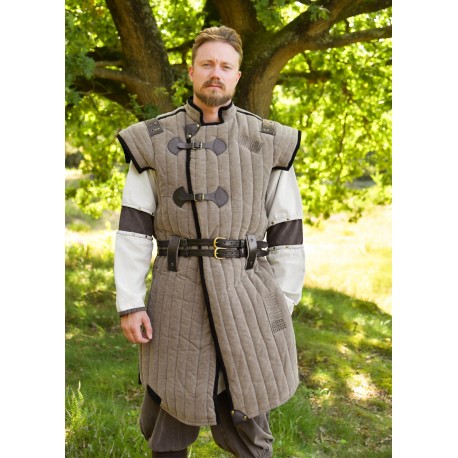 Gambison médiéval Vari marron-noir avec détails en cuir