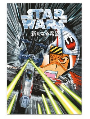 Affiche manga Trench Run de Star Wars, vaisseaux et personnages emblématiques