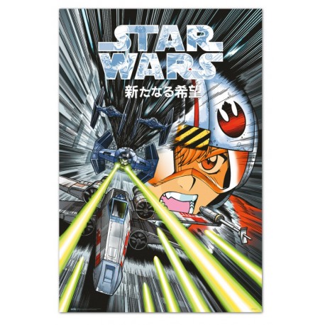 Pôster manga Trench Run de Star Wars, naves e personagens icônicos