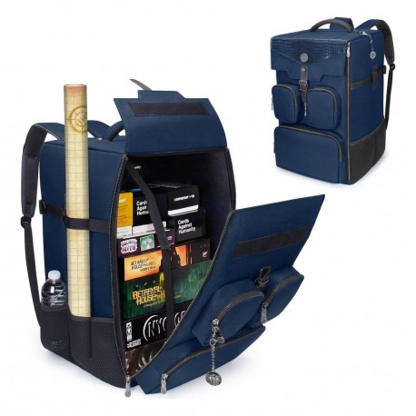 Mochila azul com design de escamas de dragão para jogos de tabuleiro.