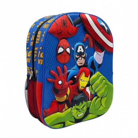Mochila infantil 3D Avengers com personagens e detalhes em vermelho
