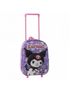 Mochila infantil trolley 3D Kuromi roxa com rodas e design divertido