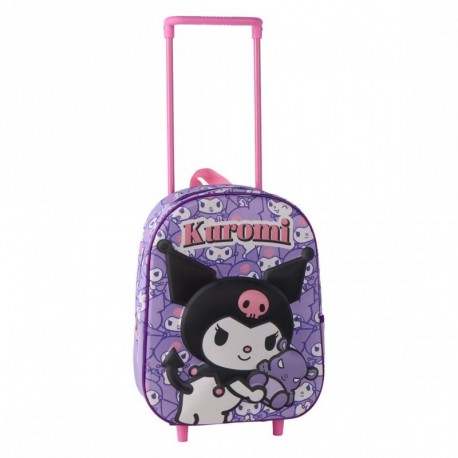 Mochila infantil trolley 3D Kuromi roxa com rodas e design divertido