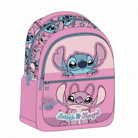 Sac à dos rose Stitch et Angel, design scolaire