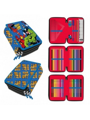 Trousse rouge Avengers avec accessoires scolaires.