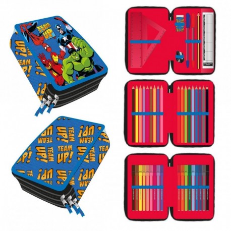 Plumier rojo de Avengers con accesorios escolares.