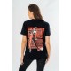 Camiseta preta Harley Quinn com design de aviso