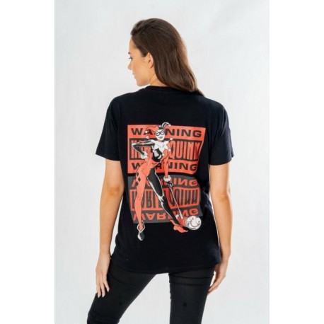 Camiseta preta Harley Quinn com design de aviso