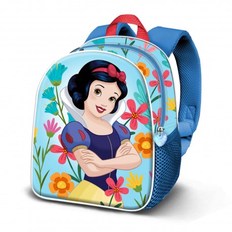 Sac à dos bleu 3D de Blanche-Neige avec fleurs et relief avant