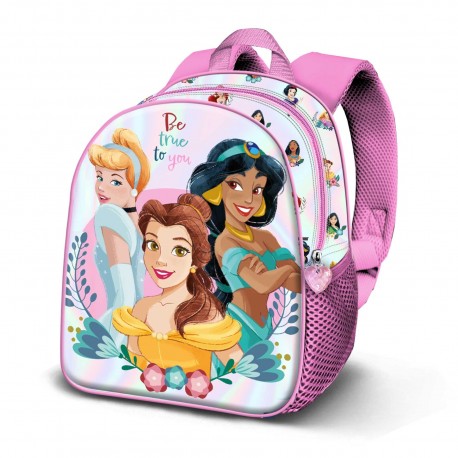 Mochila rosa 3D com princesas Disney em relevo