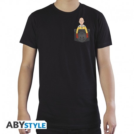 T-shirt noir One Punch Man avec Saitama dans la poche