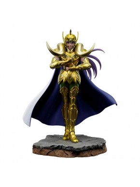 Estátua Aries Mu de Saint Seiya em armadura dourada com capa azul