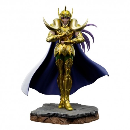 Estátua Aries Mu de Saint Seiya em armadura dourada com capa azul