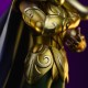 Estátua Aries Mu de Saint Seiya em armadura dourada com capa azul