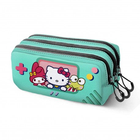 Estojo Hello Kitty turquesa com 3 compartimentos