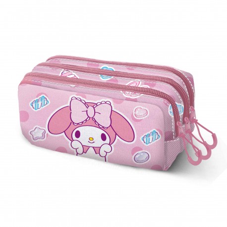 Estojo rosa Hello Kitty My Melody com três compartimentos