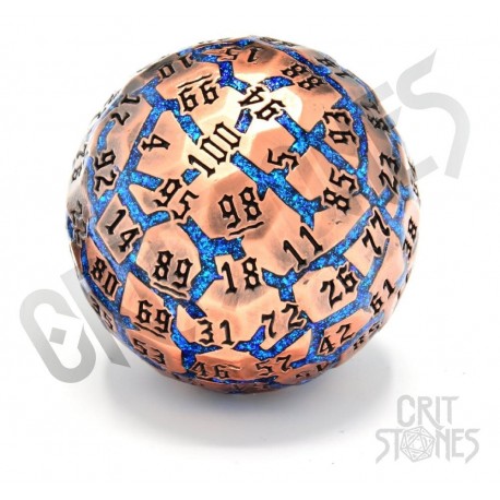 Dado D100 Hextech Orb de Metal con diseño azul y cobre