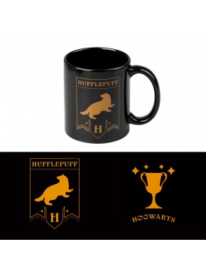 Taza de cerámica negra con escudo dorado de Hufflepuff