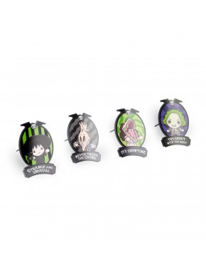Ensemble de quatre pin's Beetlejuice avec illustrations et phrases