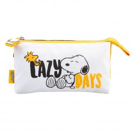 Estojo triplo branco Snoopy Lazy Days com zíper amarelo