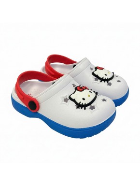 Sabots blancs avec image de Hello Kitty, semelle bleue et sangle rouge