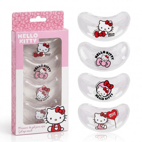 Máscaras de gel Hello Kitty para cuidado de ojos, fondo rosa.