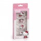 Máscaras de gel Hello Kitty para cuidado de ojos, fondo rosa.