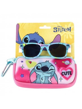 Óculos de sol e estojo Stitch Disney, tons rosa e azul, design divertido