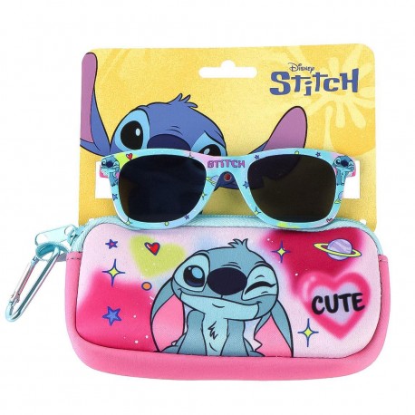 Lunettes de soleil et étui Stitch Disney, tons rose et bleu, design amusant