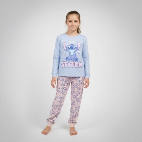 Pijama longo infantil azul e rosa do Stitch