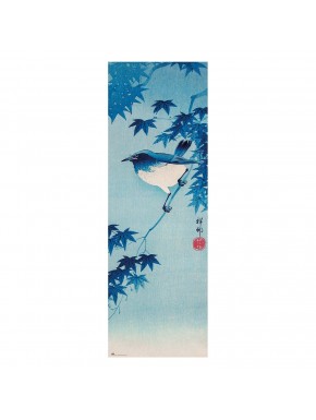 Pôster de porta Ohara Koson com design de pássaro e folhas azuis
