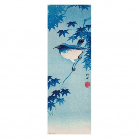 Póster de puerta Ohara Koson con diseño de pájaro y hojas azules