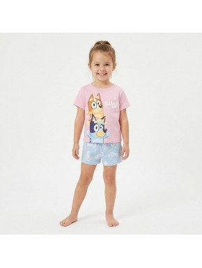 Pyjama court Bluey pour enfants avec t-shirt rose et short bleu