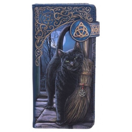Carteira azul com design de gato preto e vassoura de Lisa Parker