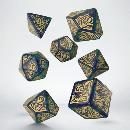 Set de dés Call of Cthulhu bleu-vert et or.
