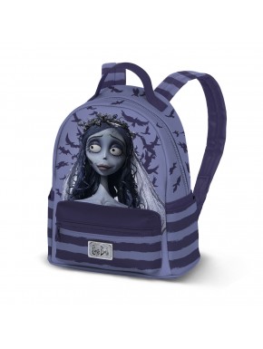 Mochila malva con La Novia Cadáver y murciélagos