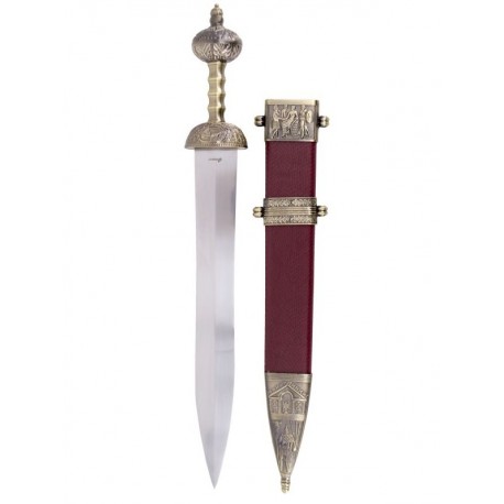 Espada Gladius com bainha vermelha e acabamentos em bronze