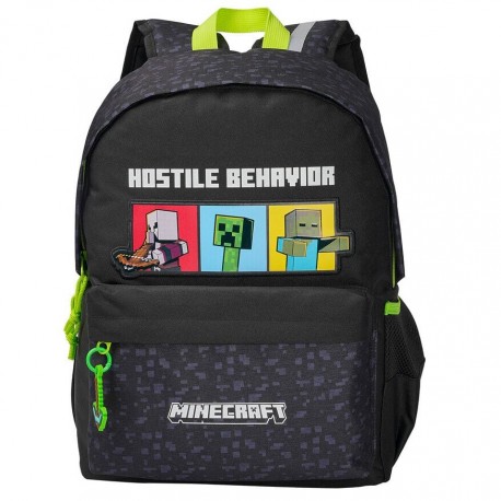 Mochila preta Minecraft com personagens e texto Hostile Behavior