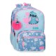 Mochila azul de Stitch con corazones y llavero pompón rosa
